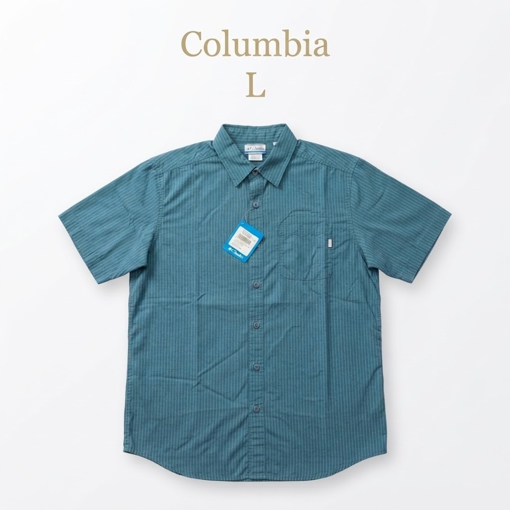 Columbia Short Sleeve Button Down Shirt Size Large Blue Green Striped
